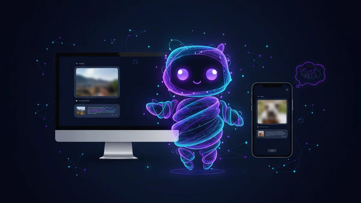 User uploads a photo to an AI chat app for captioning and Q&A.