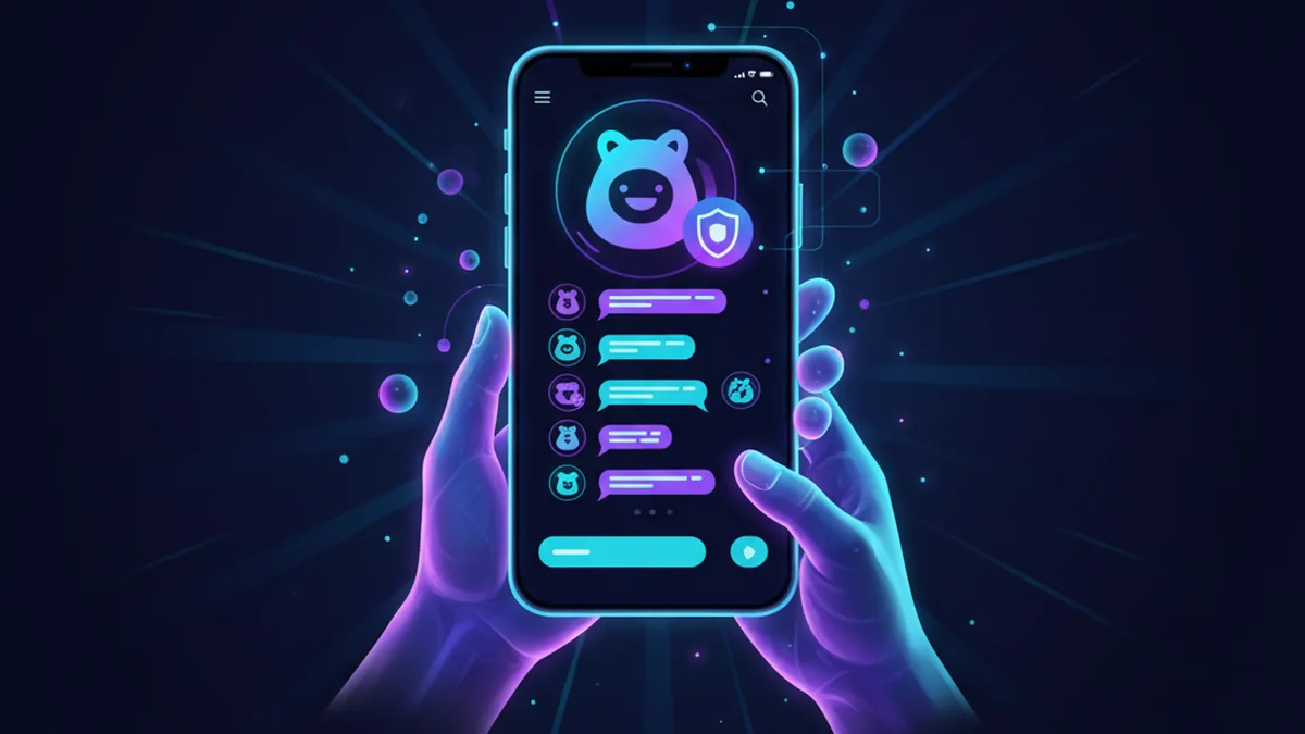 Person chatting with an AI roleplay bot on phone, choosing safe original characters