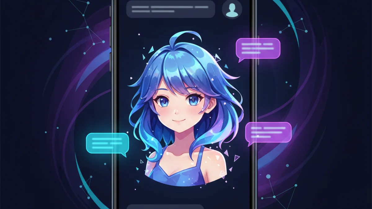 Person chatting with an original SFW anime-style AI character on a phone app interface