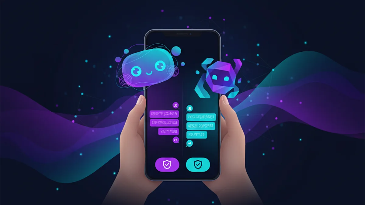Person chatting with original AI characters on phone, comparing apps and safety options