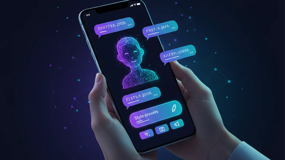 Person drafting Instagram captions on phone using an AI caption generator and style presets