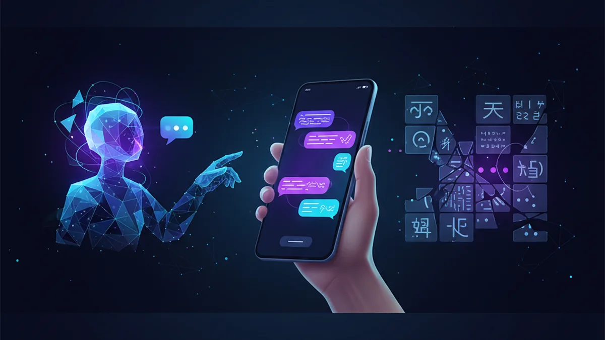 Person translating a short message with an AI chatbot app and a multilingual text panel