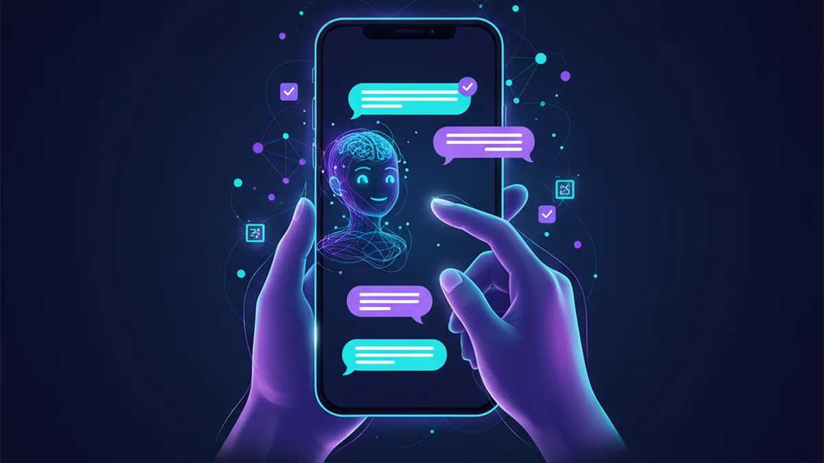 Person practicing English conversation on iPhone with AI chat corrections and vocabulary suggestions
