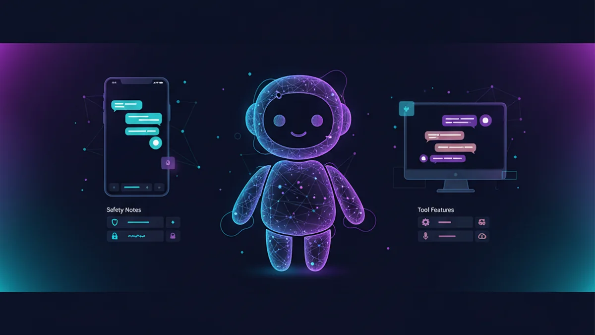 Person comparing free ChatGPT-style chat apps with safety notes and tool features listed