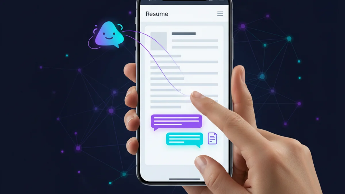 Person editing a modern resume on iPhone with AI suggestions and job description notes
