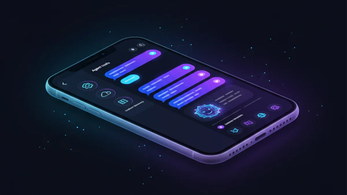 Phone screen showing Claude-style chat alternatives, agent tools, image upload, and chatbot directory browsing