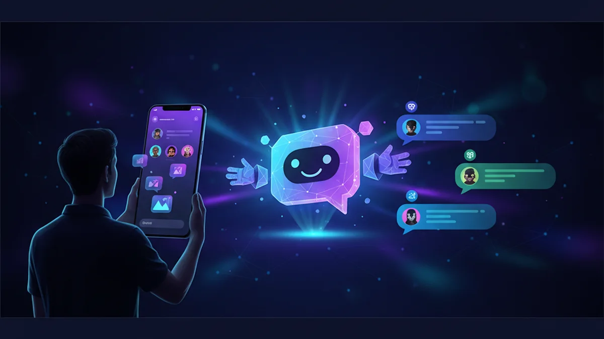 Person chatting with original AI characters, testing multiple bots, and uploading an image on iPhone