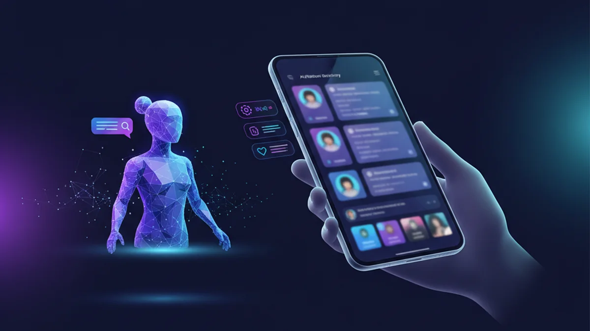 Person browsing a free AI chatbot directory on phone with category filters and chat previews