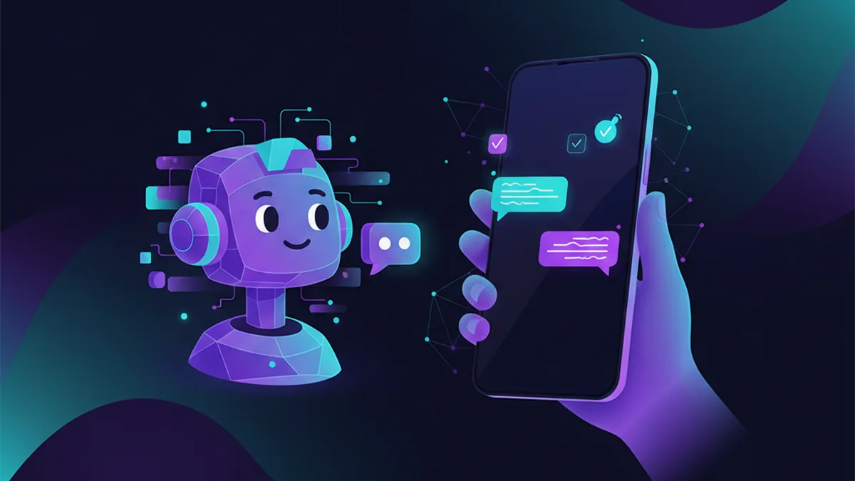 Person practicing English conversation on phone with AI chatbot and correction suggestions