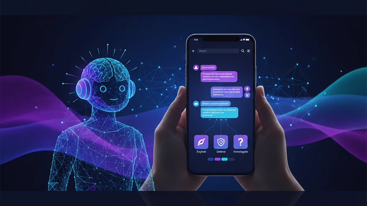 Person playing a safe, original AI text adventure on iPhone with branching choices