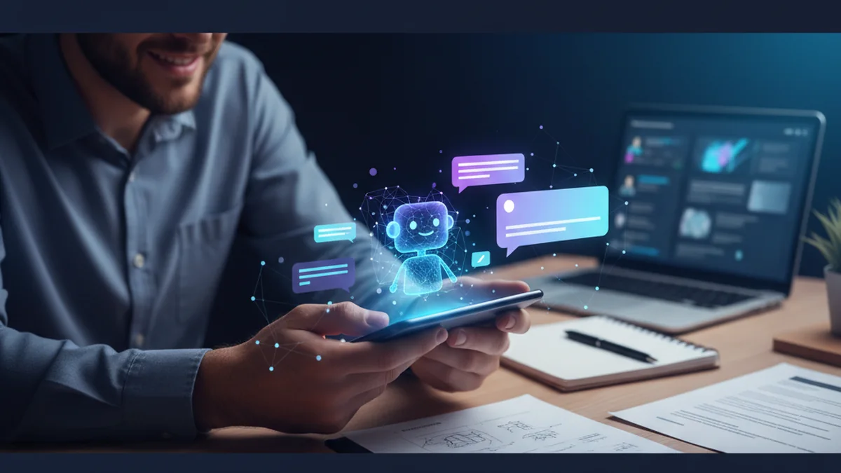 Person practicing job interview answers on an iPhone chatbot app with notes and resume open