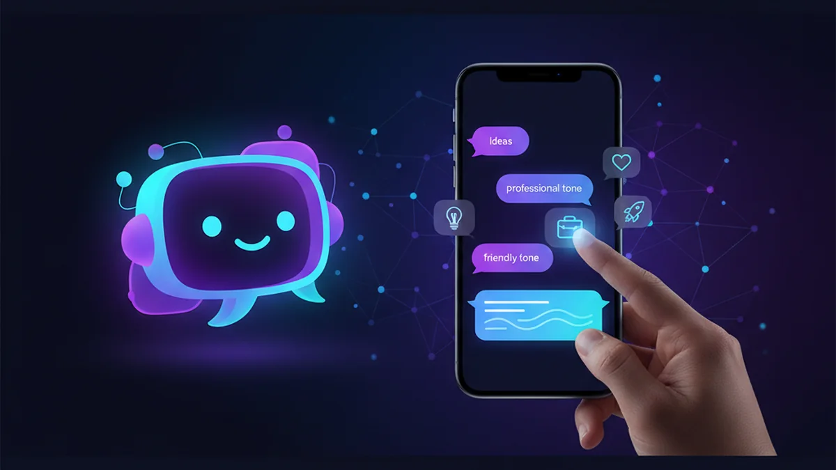 Person drafting a professional email on iPhone with AI suggestions and tone options
