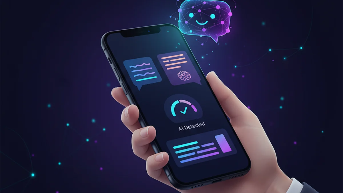 Person using an iPhone app to detect AI-generated text with an on-screen report