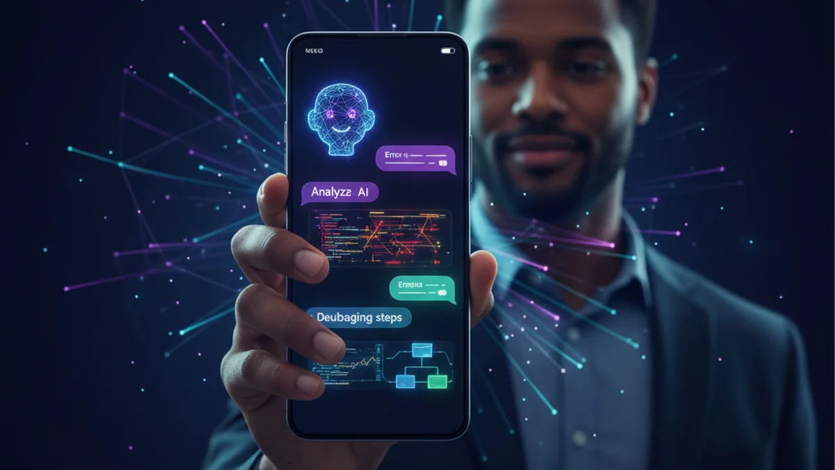 Developer holding iPhone showing AI chat debugging steps and a code error stack trace