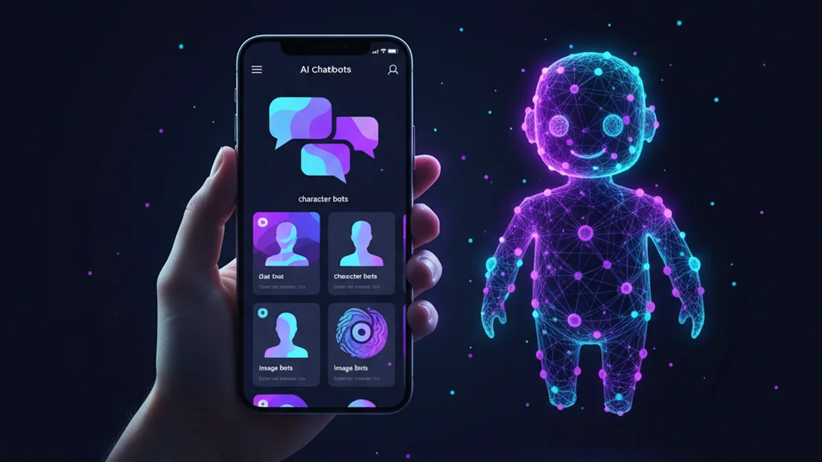 Person browsing AI chatbot directory on phone, comparing chat, character, and image bots
