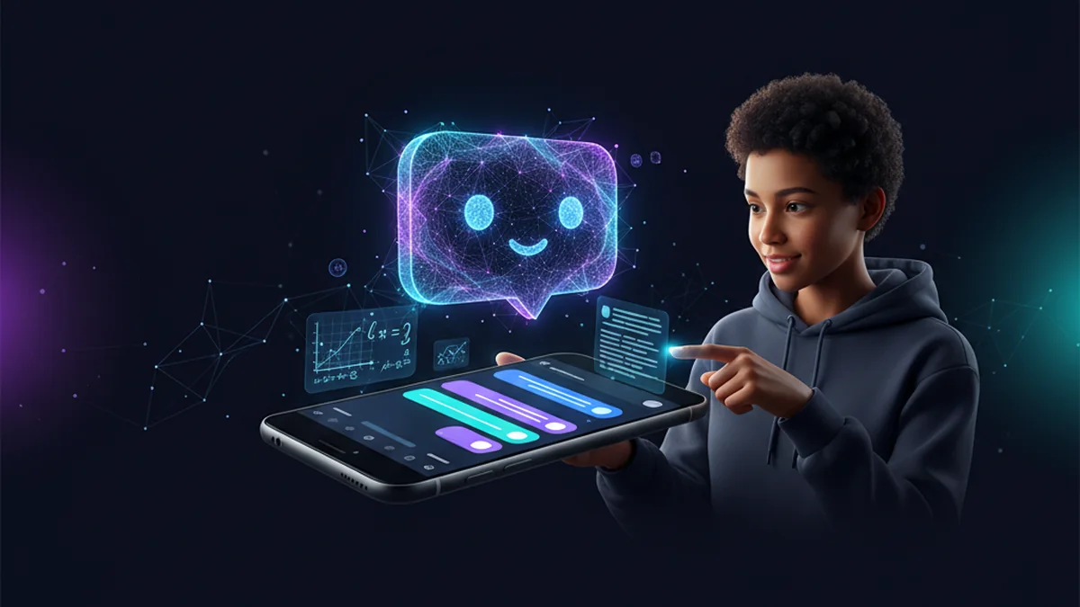 Student using an iPhone AI chatbot app to explain algebra and summarize homework notes