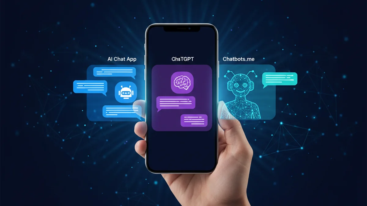 Person using an iPhone to compare ChatGPT, AI Chat app, and Chatbots.me demos