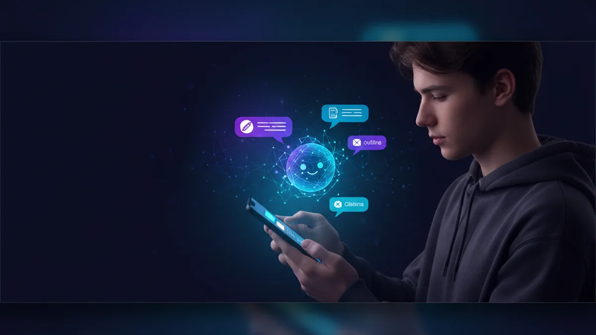 Student drafting an essay on iPhone using AI chat, outline, citations, and edits.