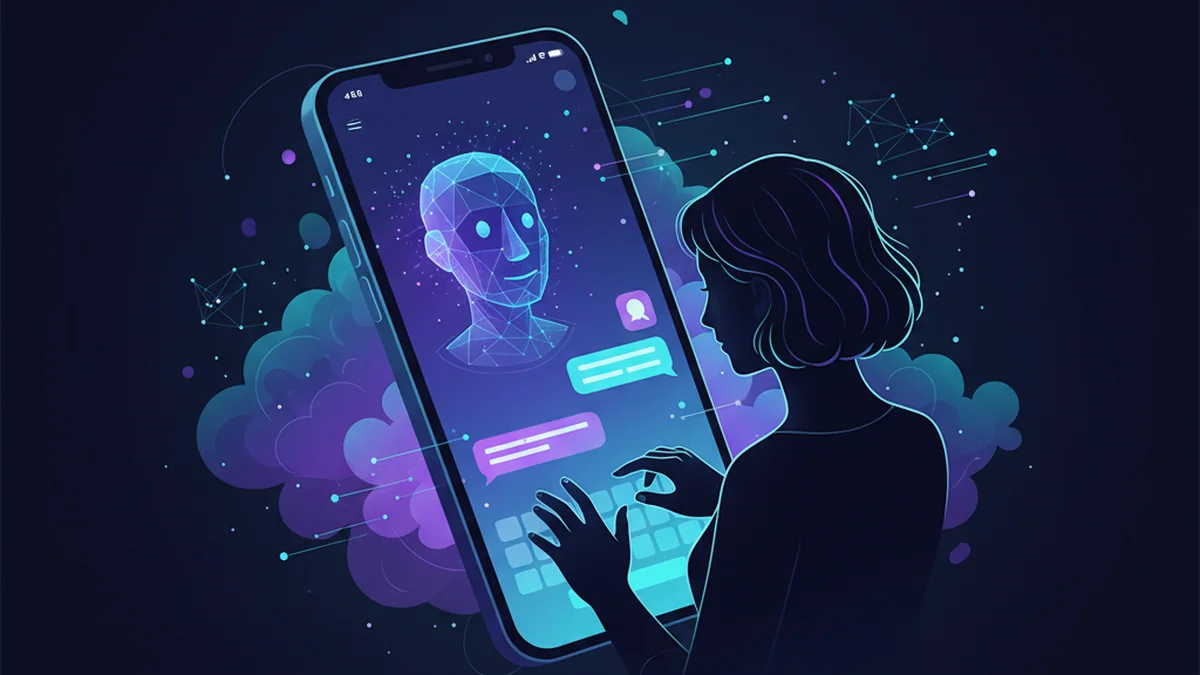 Person practicing English conversation with an AI chatbot on an iPhone chat app