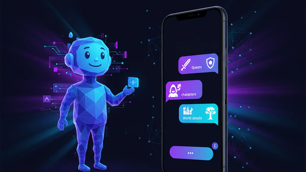 Person chatting with an AI fantasy companion, choosing quests, characters, and world details on iPhone