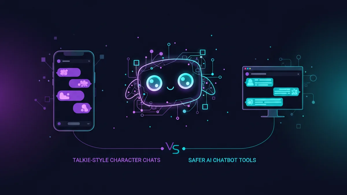 Person comparing Talkie-style character chats with safer AI chatbot tools on iPhone and web