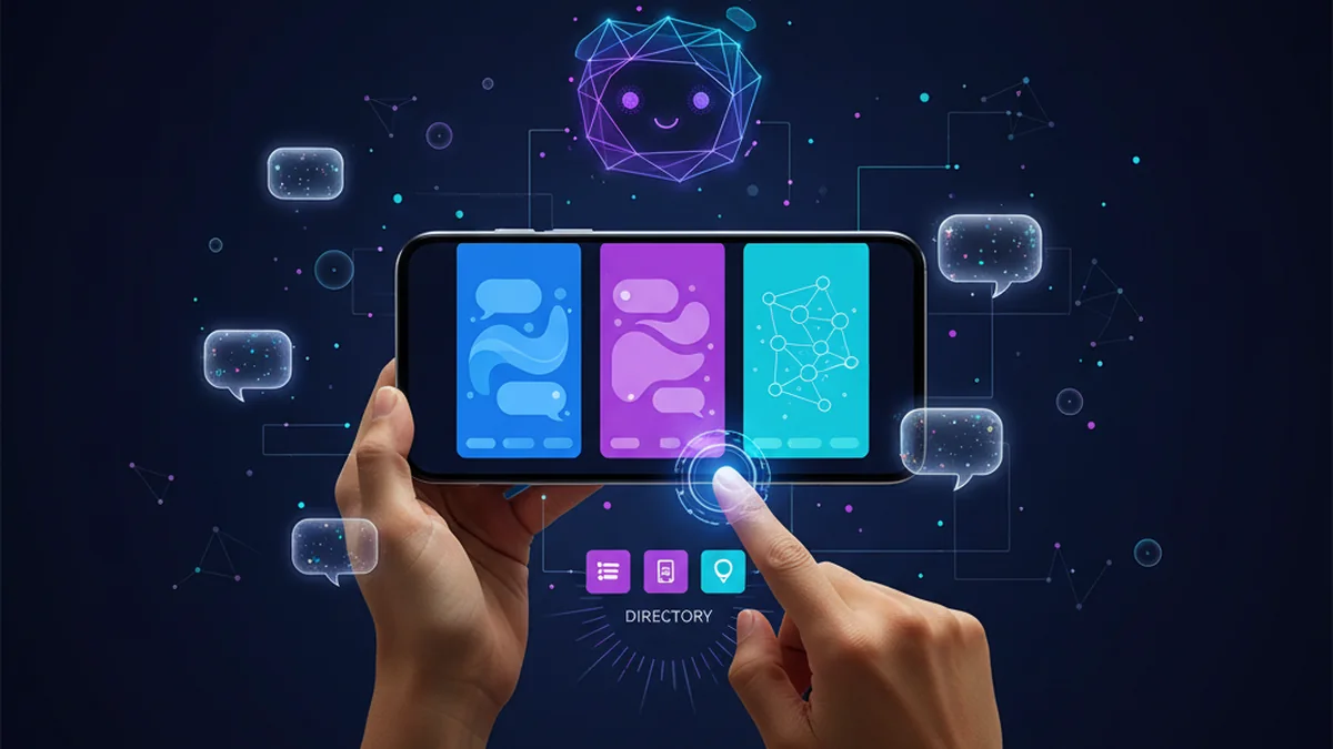 Person comparing Claude-style chat tools on iPhone, switching between apps and chatbot directories