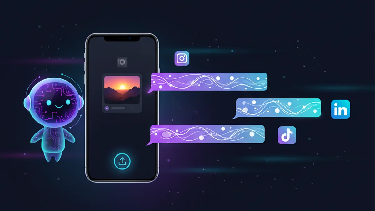 iPhone showing AI caption generator creating Instagram, TikTok, and LinkedIn posts from a photo