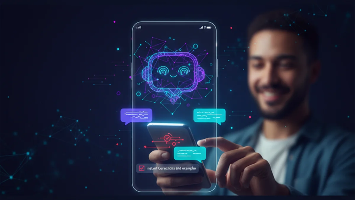 Person practicing English conversation on an iPhone chatbot app with instant corrections and examples