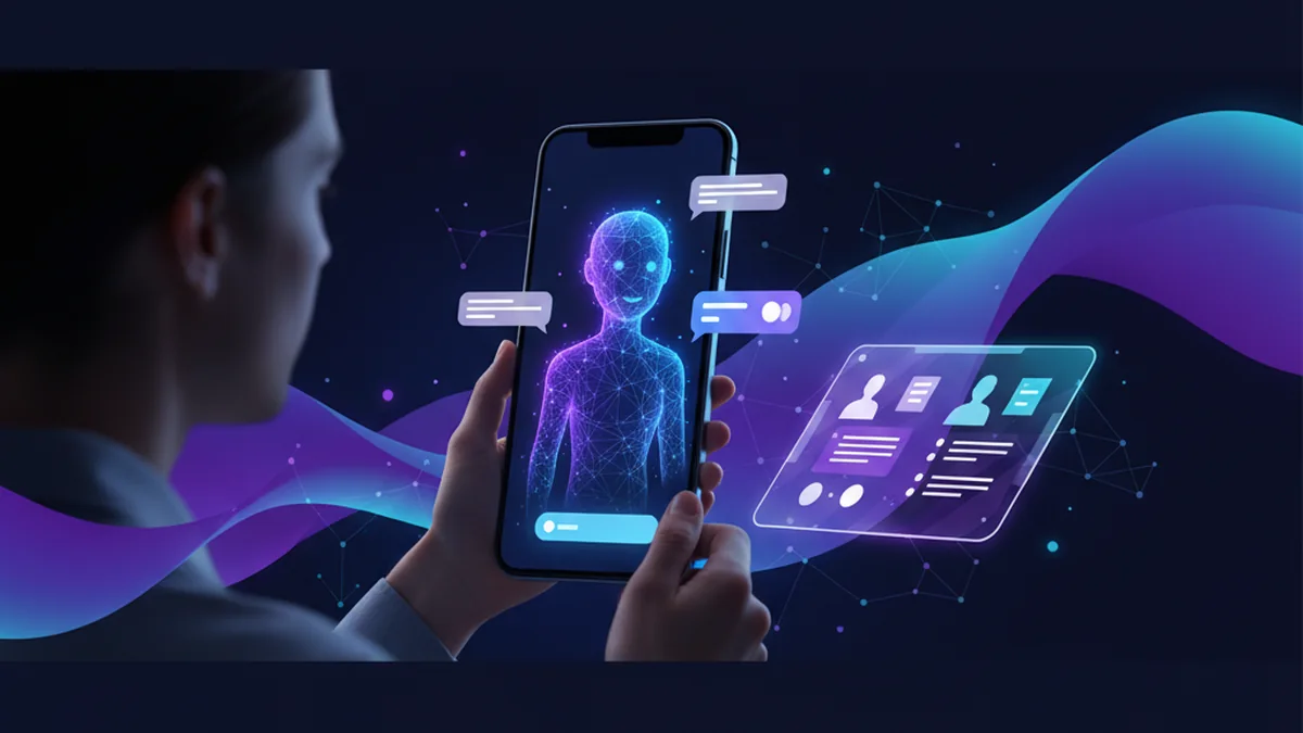 Person practicing a mock job interview on an iPhone chatbot app with notes