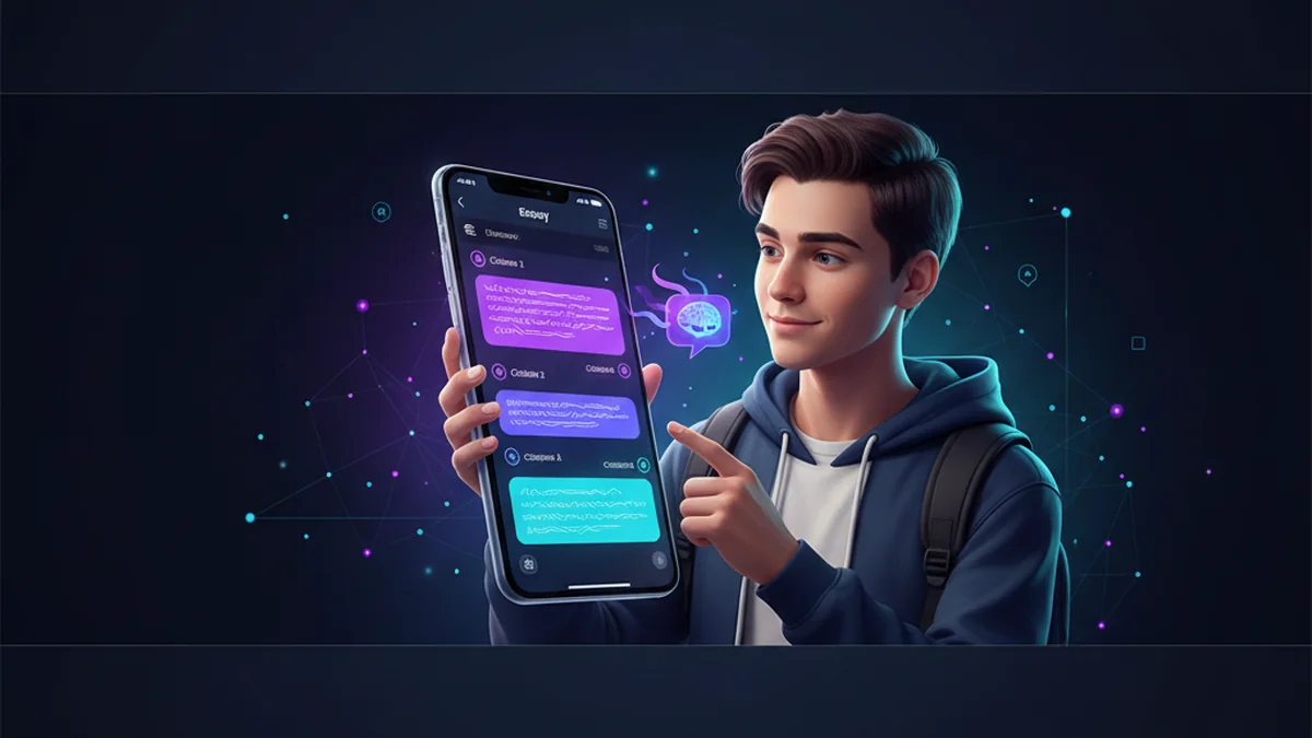 Student using an iPhone essay writer app while comparing chatbot answers and citations